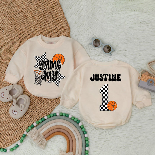 Personalized Basketball Game Day Bubble Romper for Boys & Girls Custom Gameday Birthday Outfit Baby Infant Toddler Sports Celebration