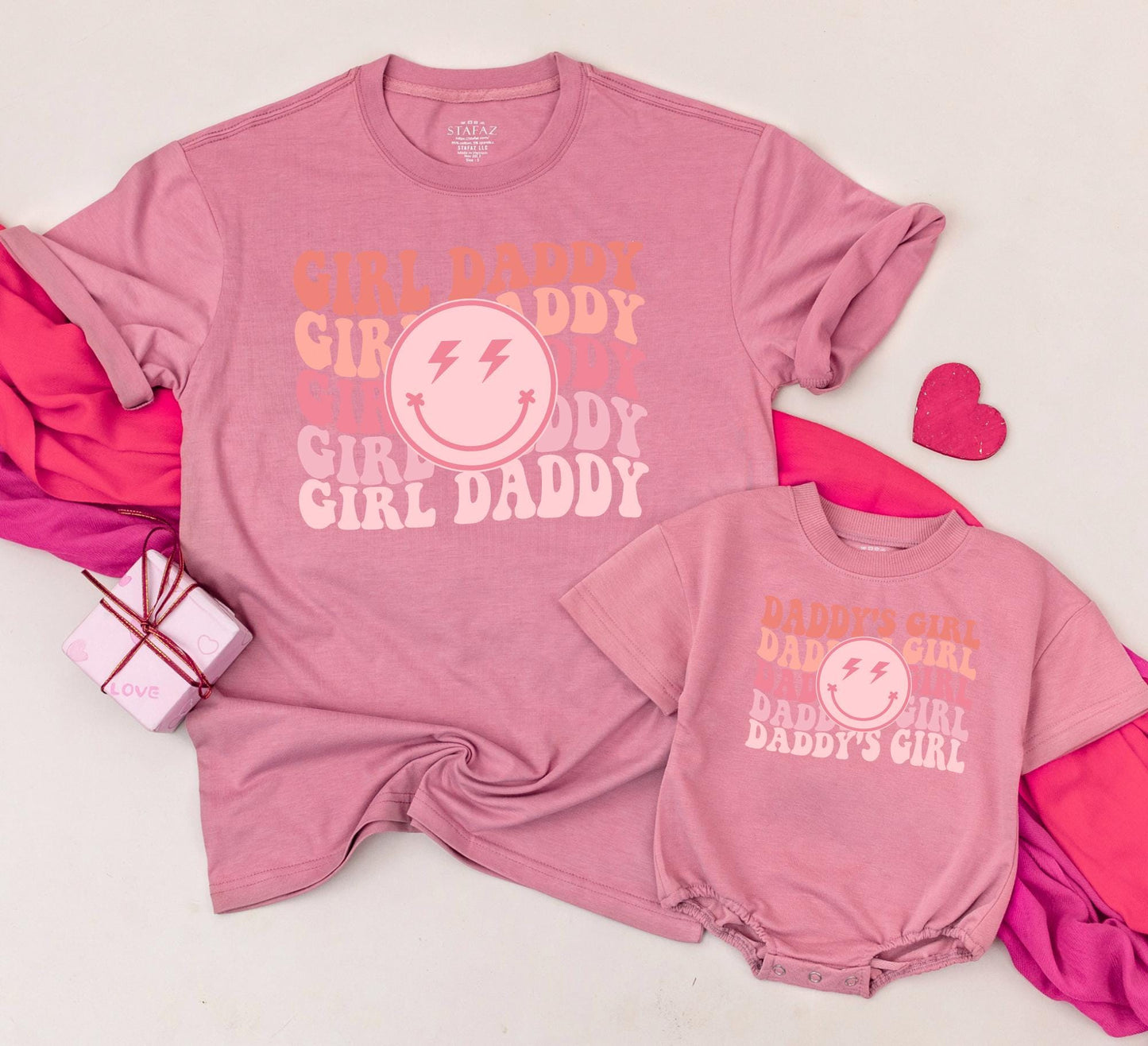 Girl Daddy & Daddy's Girl Retro Matching Shirts Pink Coral Gradient Smiley Face Father Daughter Outfits Daughter Gifts New Dad Outfits