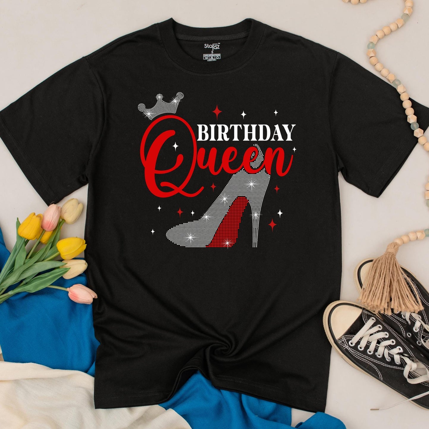 Birthday Queen Sparkle Shirt Rhinestone Crown High Heel Tee Glamorous Birthday Celebration Top for Women