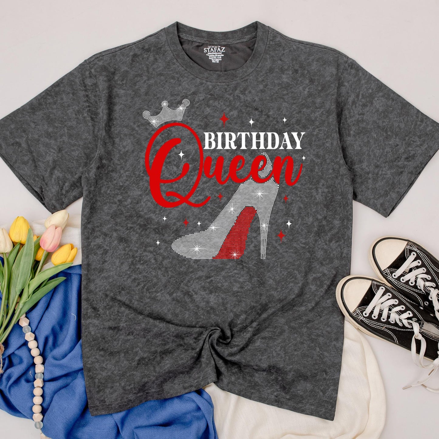 Birthday Queen Sparkle Shirt Rhinestone Crown High Heel Tee Glamorous Birthday Celebration Top for Women