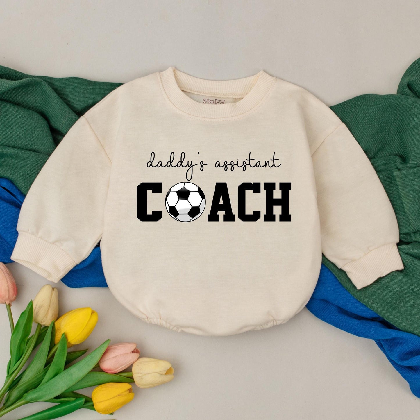 Daddy's Assistant Coach Soccer Romper Retro Gameday Bubble Outfit for Baby Boys First Soccer Season Gifts