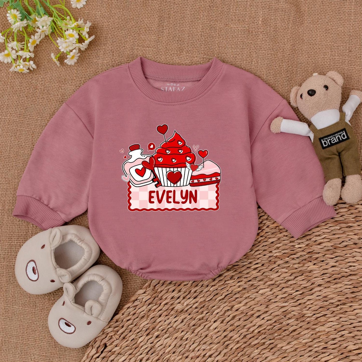 Evelyn's Sweet Valentine Cupcake & Potion Romper Personalized Name Baby Outfit Cute Red Pink Hearts Checkered Banner Gift