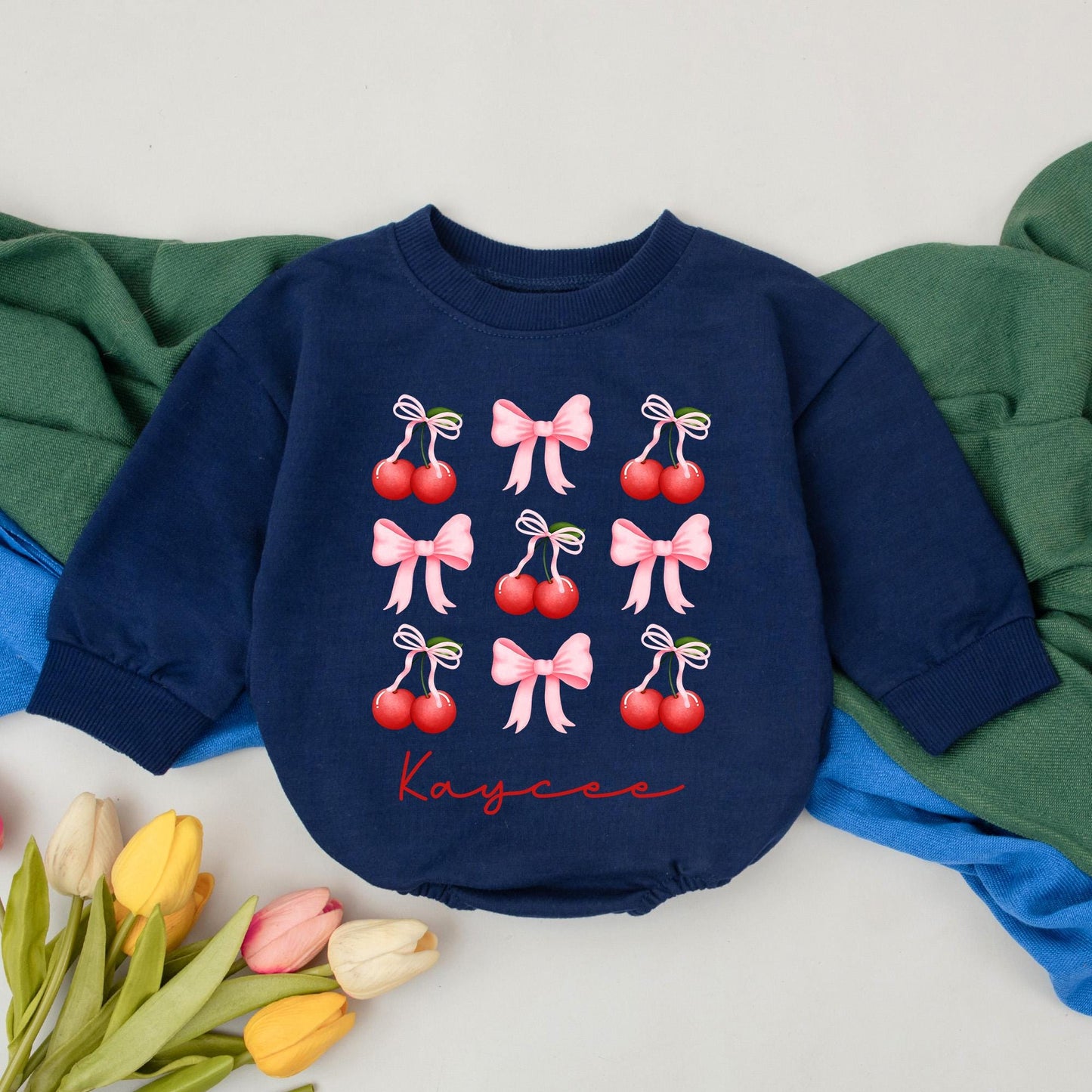 Personalized Cherry Bow Baby Romper, Sweet Girl Outfit with Name, Custom Infant Bodysuit, First Birthday Gift, Red Bows, Red Cherries, Soft Cotton (137 chars)