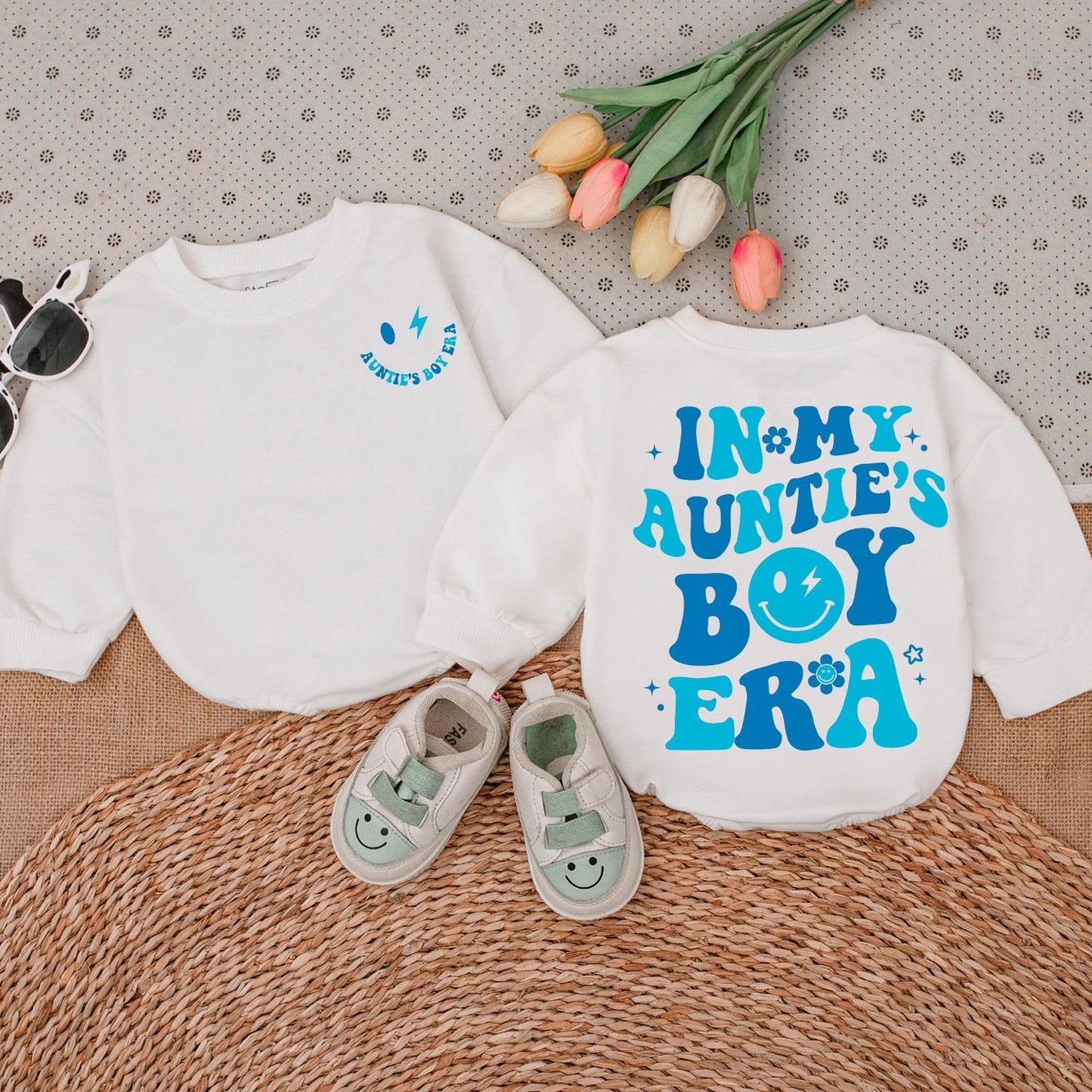 In My Auntie's Boy Era Baby Clothes Light Blue Text Whimsical Smiley Bolt Dot Floral Stars Aunt Gift Newborn Girl Outfit Baby Romper