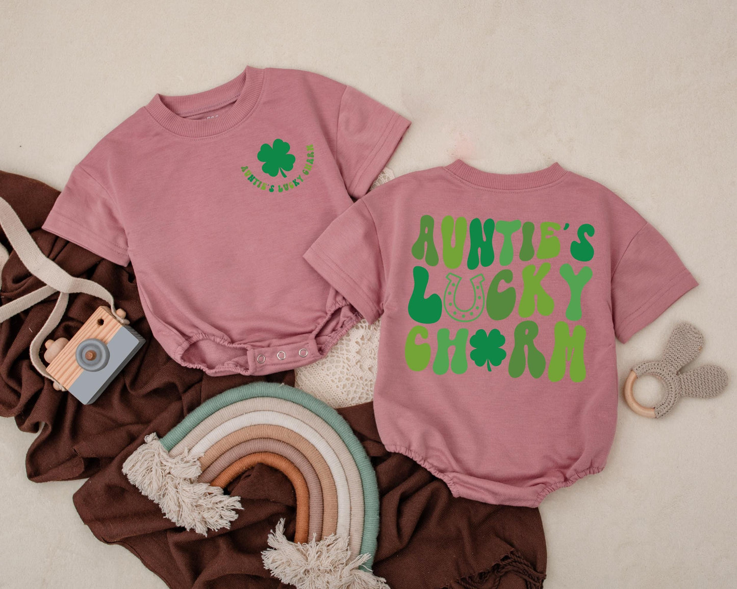 Auntie's Lucky Charm Baby Romper My First St Patrick's Day Outfit Infant Bodysuit Soft Four Leaf Clover Design Gift for Boys Girls