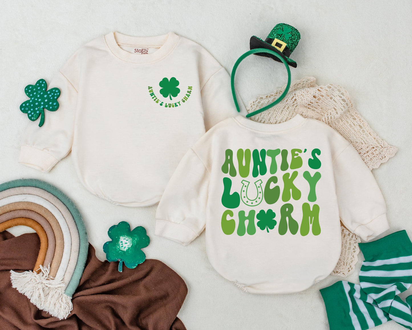 Auntie's Lucky Charm Baby Romper My First St Patrick's Day Outfit Infant Bodysuit Soft Four Leaf Clover Design Gift for Boys Girls