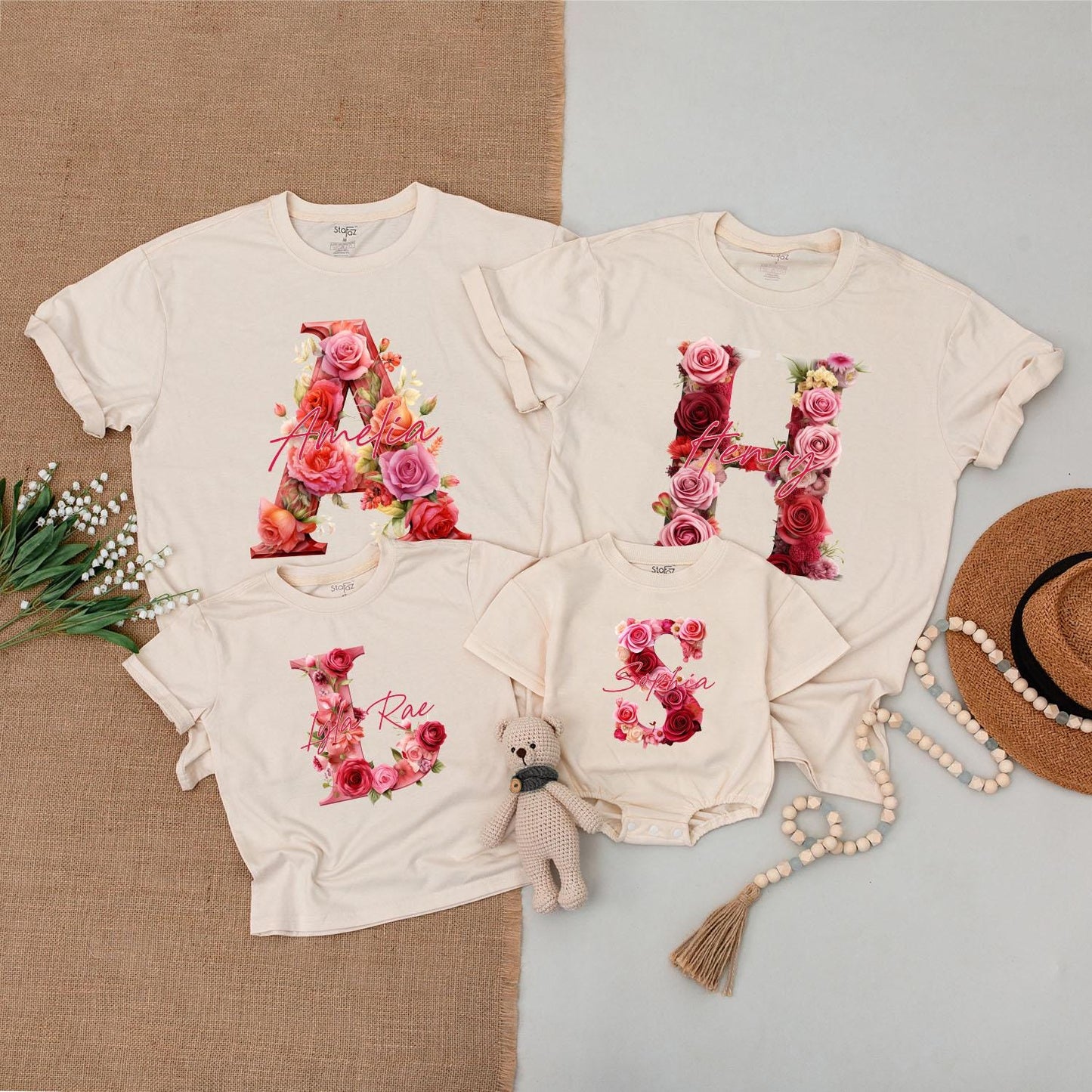 Custom Alphabet Valentine Family Matching T-Shirts Baby Rompers Couples Outfits Kids Adults Tees Valentine's Day Gifts