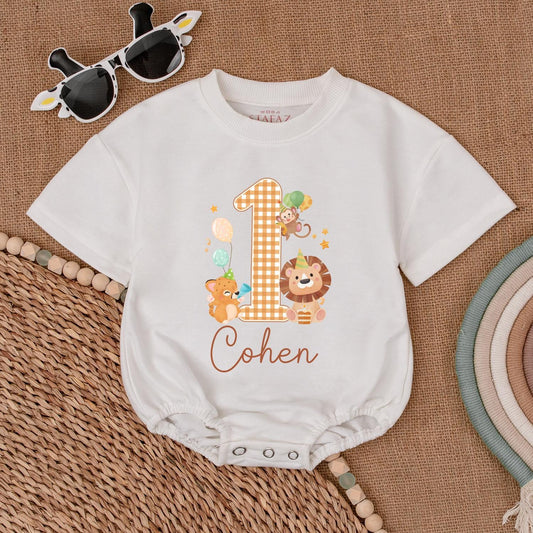 Personalized Safari Wild One Birthday Romper for Baby Boy or Girl Featuring a Gingham '1' and Adorable Safari Animals in Warm Tones, 'Cohen' Cursive Name Detail, Perfect for Zoo Animal First Birthday Celebrations