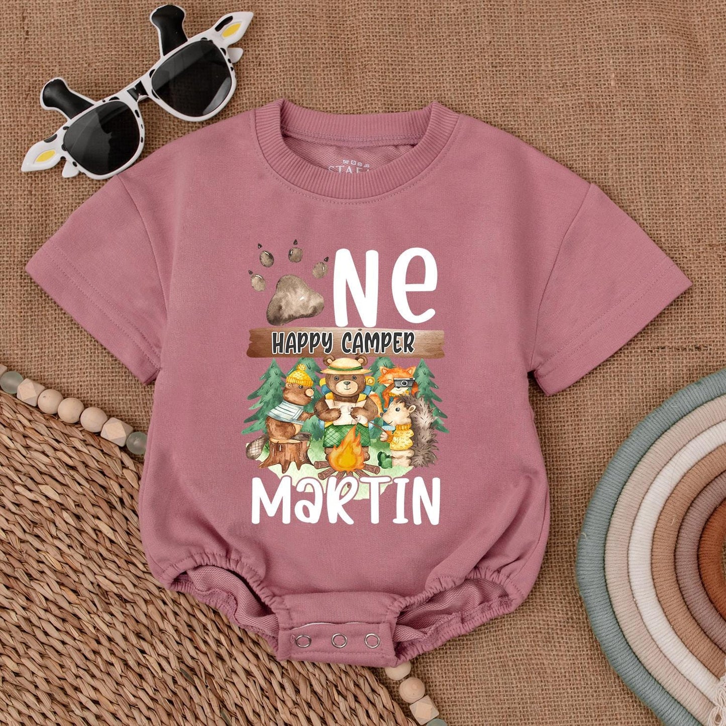 Personalized One Happy Camper 1st Birthday Romper Baby Boy Outfit Camping Theme Gift Neutral Bubble Romper