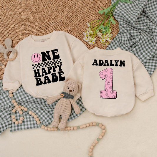 Personalized One Happy Babe Romper with Smiley Face & Checkered Stripe, Baby Girl 1st Birthday Outfit, Adalyn 1 Romper, Cake Smash
