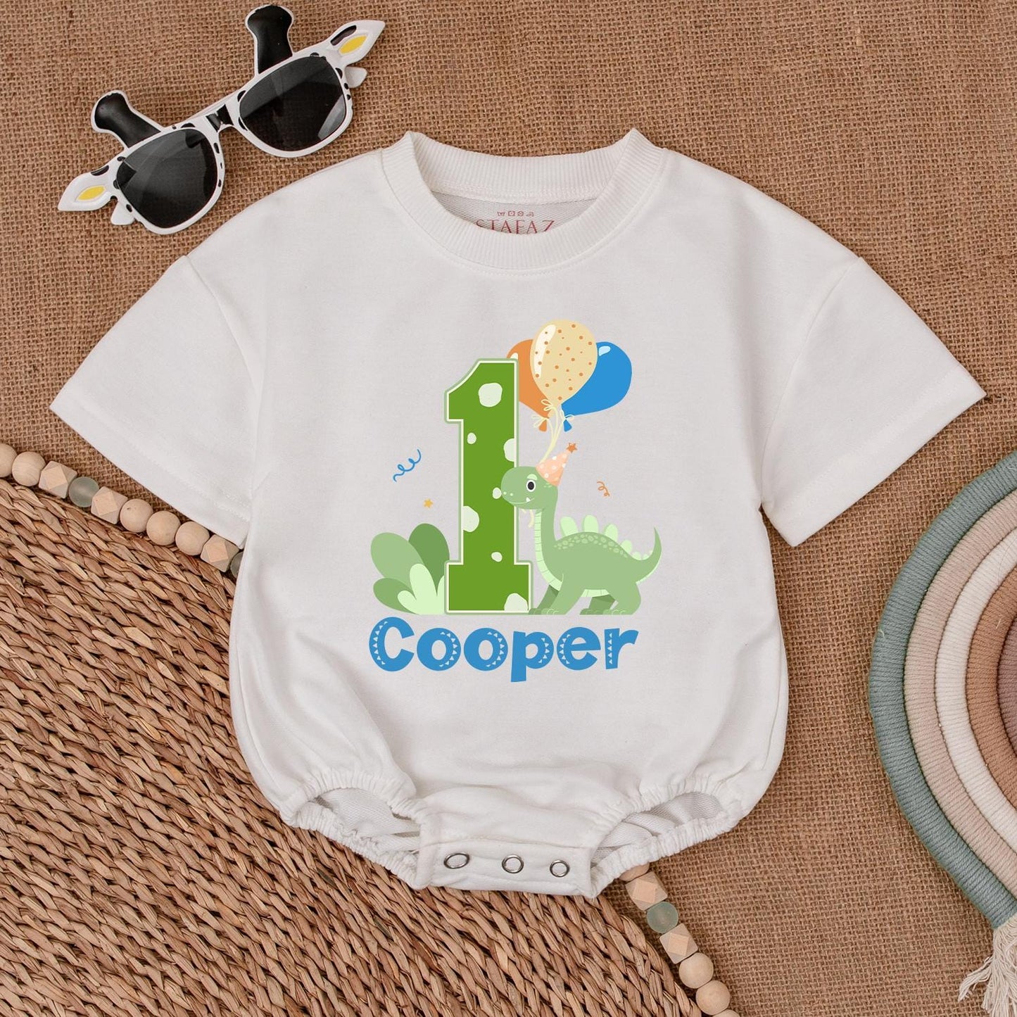 Personalized Dinosaur 1st Birthday Romper Green Polka Dot '1' Cute Dino Balloons Baby Boy Outfit for First Birthday Celebration
