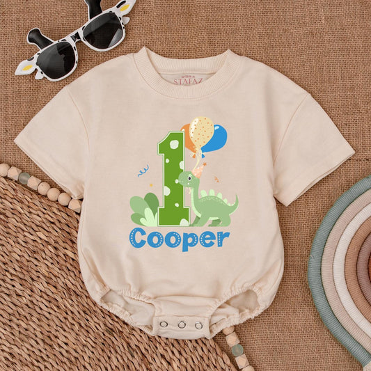 Personalized Dinosaur 1st Birthday Romper Green Polka Dot '1' Cute Dino Balloons Baby Boy Outfit for First Birthday Celebration