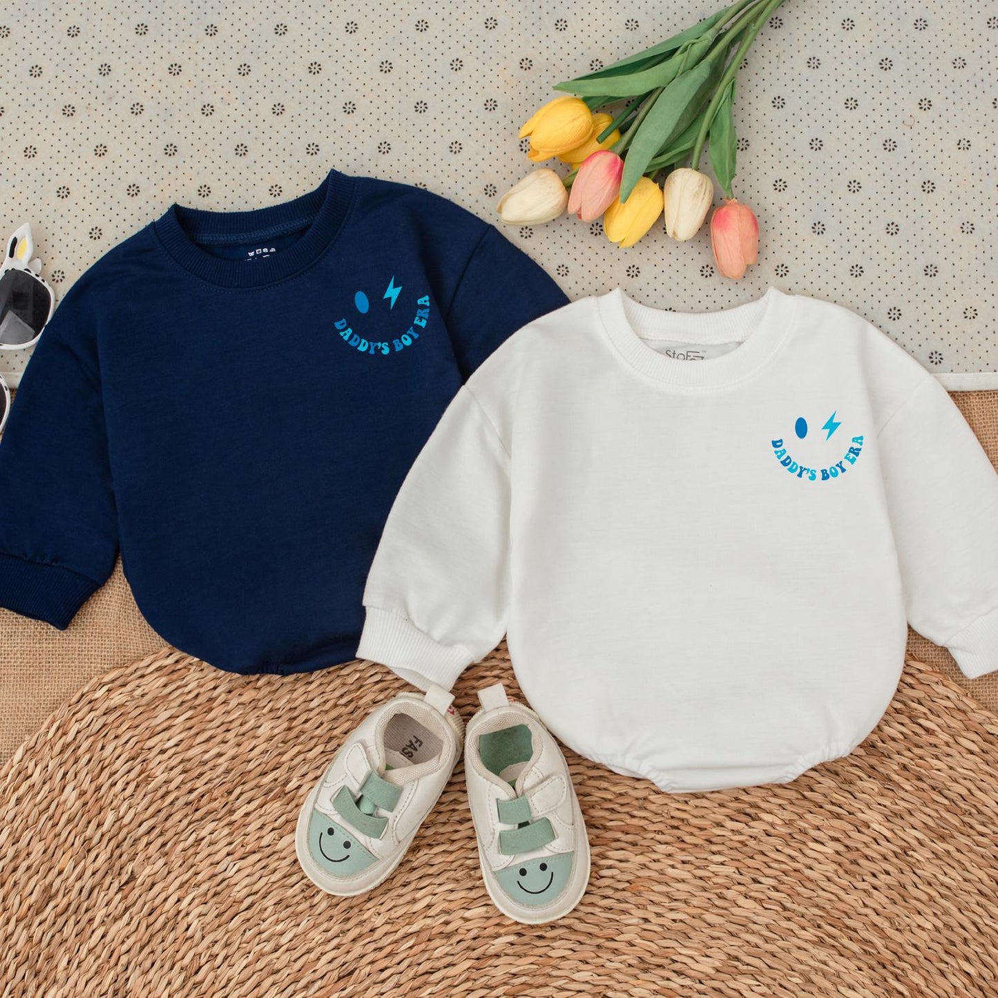 Daddy's Boy Era Baby Outfit, Cute Blue Print Newborn Romper with Smiley Lightning Bolt, Fun Infant Shower Gift, Daddy & Son Photos Clothes 136
