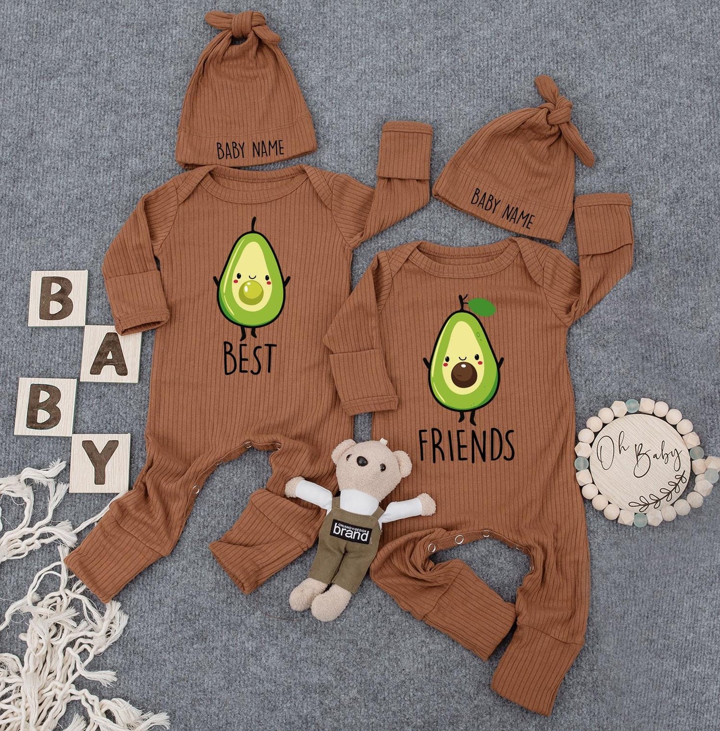 Cute Twins Outfits, Best Friends Avocado Twin Baby Bodysuit Set with Custom Name Hats, Newborn Twin Outfits