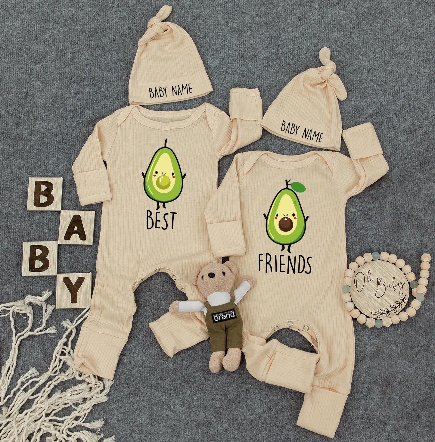 Cute Twins Outfits, Best Friends Avocado Twin Baby Bodysuit Set with Custom Name Hats, Newborn Twin Outfits