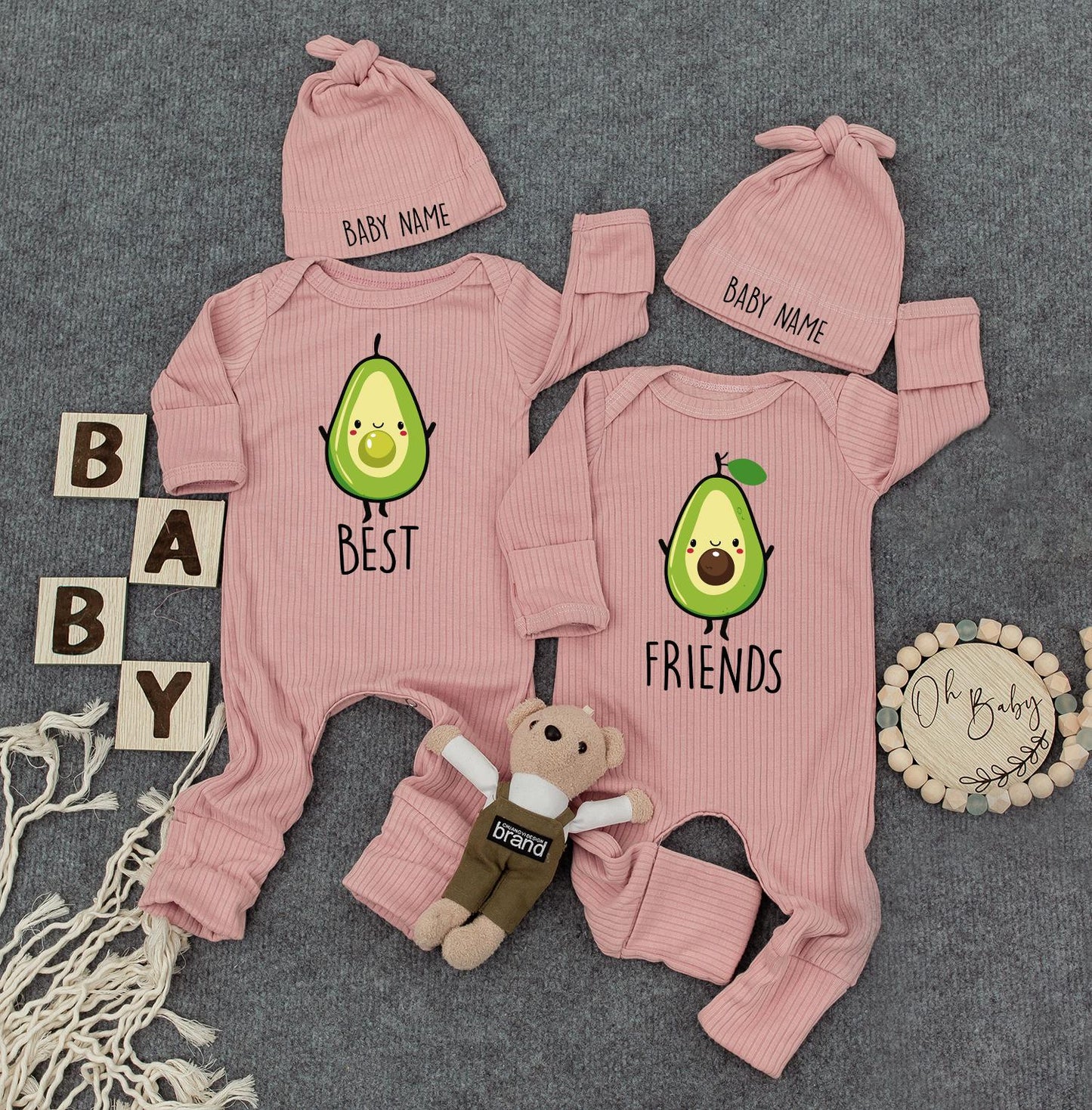 Cute Twins Outfits, Best Friends Avocado Twin Baby Bodysuit Set with Custom Name Hats, Newborn Twin Outfits