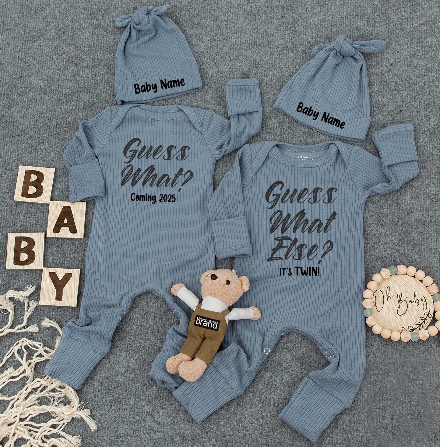 Guess What Else It's Twin Custom Name Baby Hat & Bodysuit Funny Newborn Announcement Set Gift For New Parents Distressed Font Style