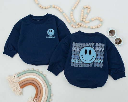 Personalized First Birthday Boy Romper Blue Checkered Outfit Newborn Bubble Baby Clothes Toddler 1st Bday Smash Cake Shower Gift Cute