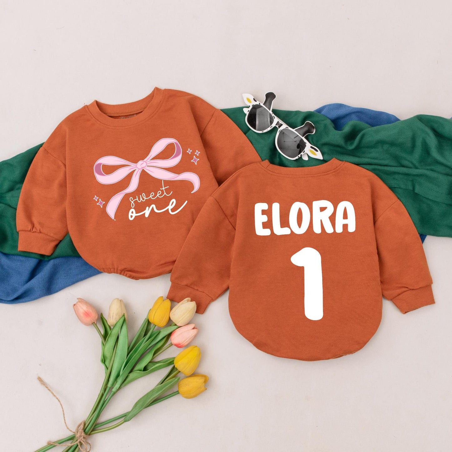 Pink Bow First Birthday Romper Baby Girl Outfit Custom Name Infant Bodysuit Shower Gift