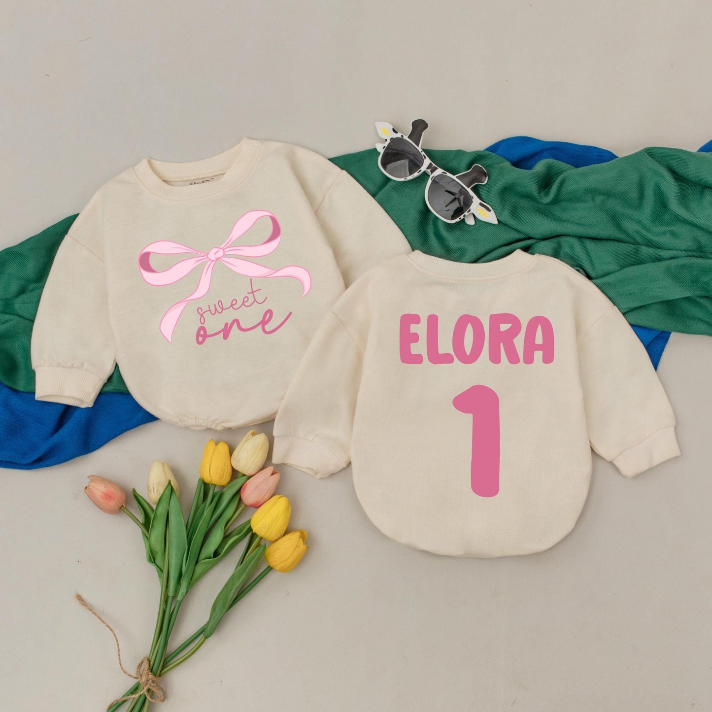 Pink Bow First Birthday Romper Baby Girl Outfit Custom Name Infant Bodysuit Shower Gift