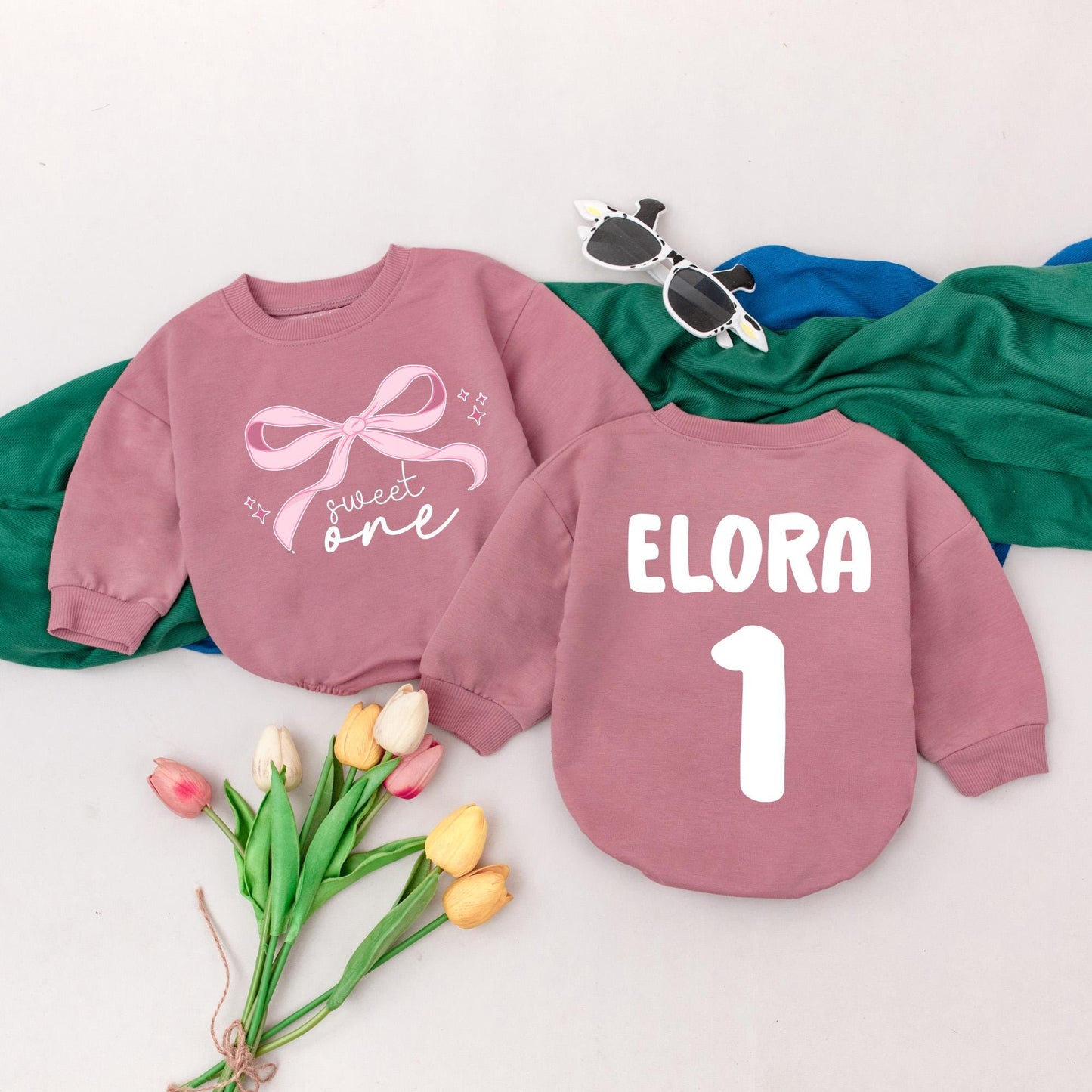 Pink Bow First Birthday Romper Baby Girl Outfit Custom Name Infant Bodysuit Shower Gift
