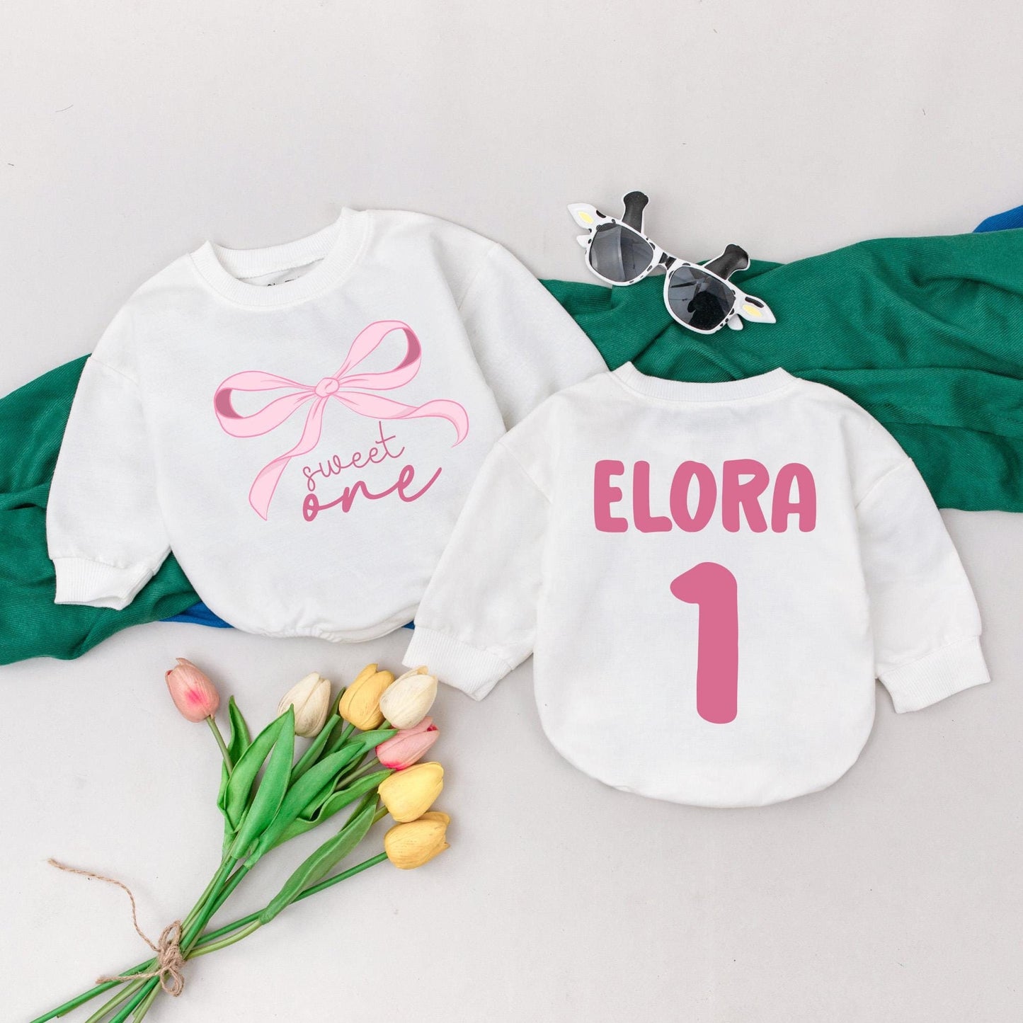 Pink Bow First Birthday Romper Baby Girl Outfit Custom Name Infant Bodysuit Shower Gift