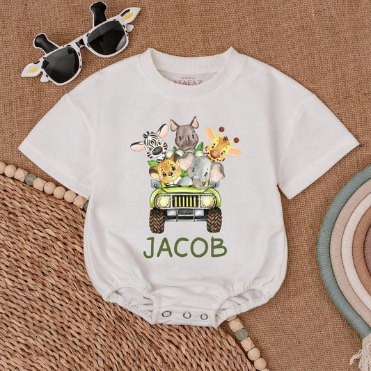 Personalized Safari Animals Name Romper for Baby Boy First Birthday Wild One Jungle Party Outfit Green Vehicle