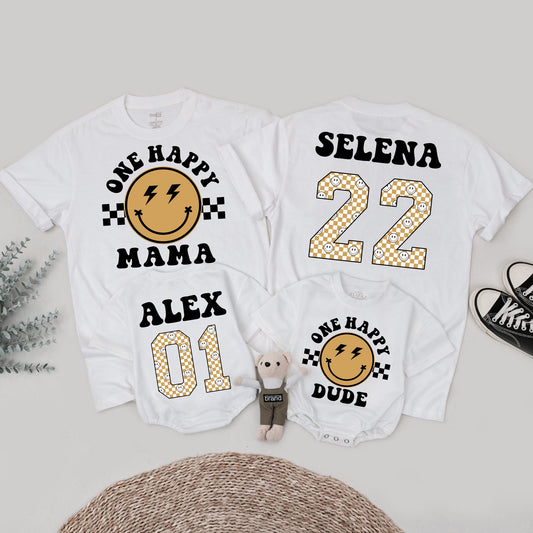 One Happy Dude Birthday Shirt Retro Black Gold Lightning Smile Family Matching 1st Birthday Outfit Baby Boy Toddler Mommy Me Gift