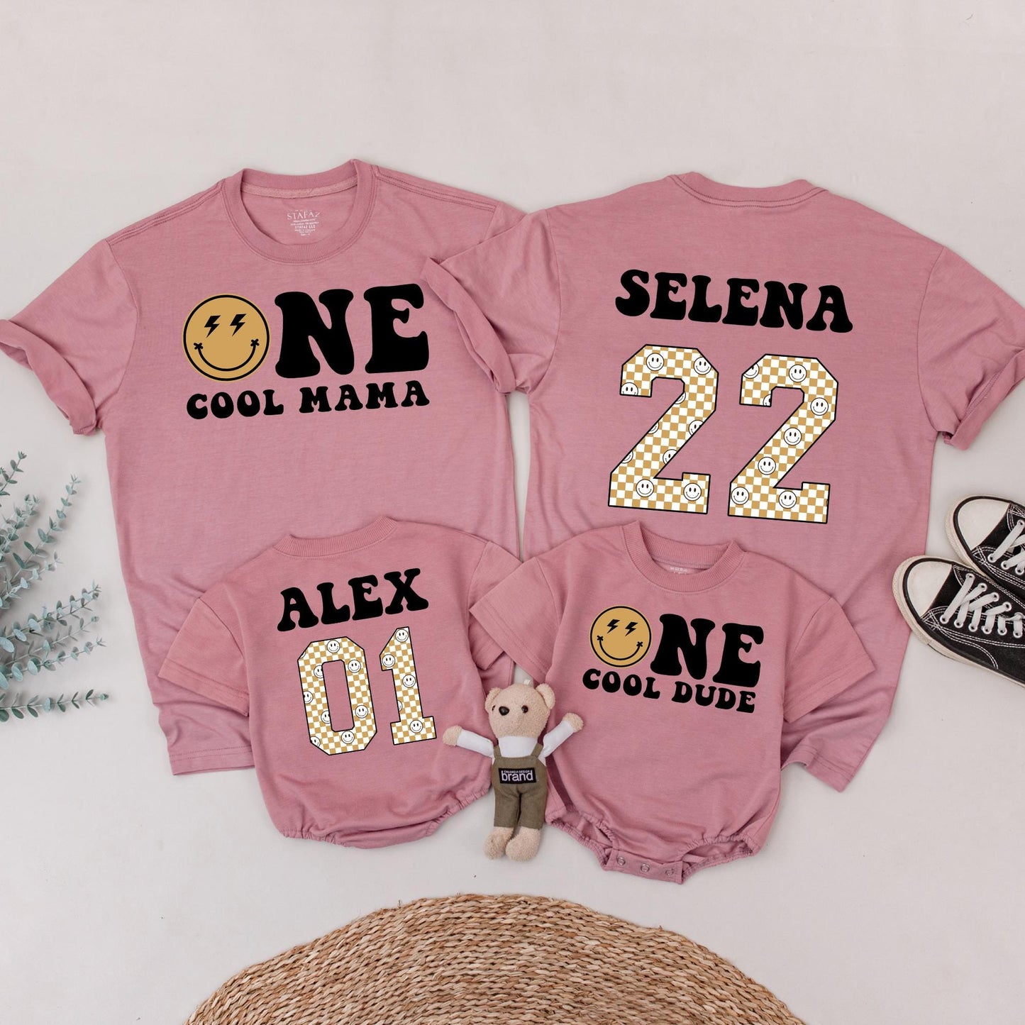 One Cool Dude 1st Birthday Matching Family Shirts Retro Smiley Face Outfit First Birthday Party Photoshoot Baby Bodysuit Mama Dad and Me Matching Set (138 chars)