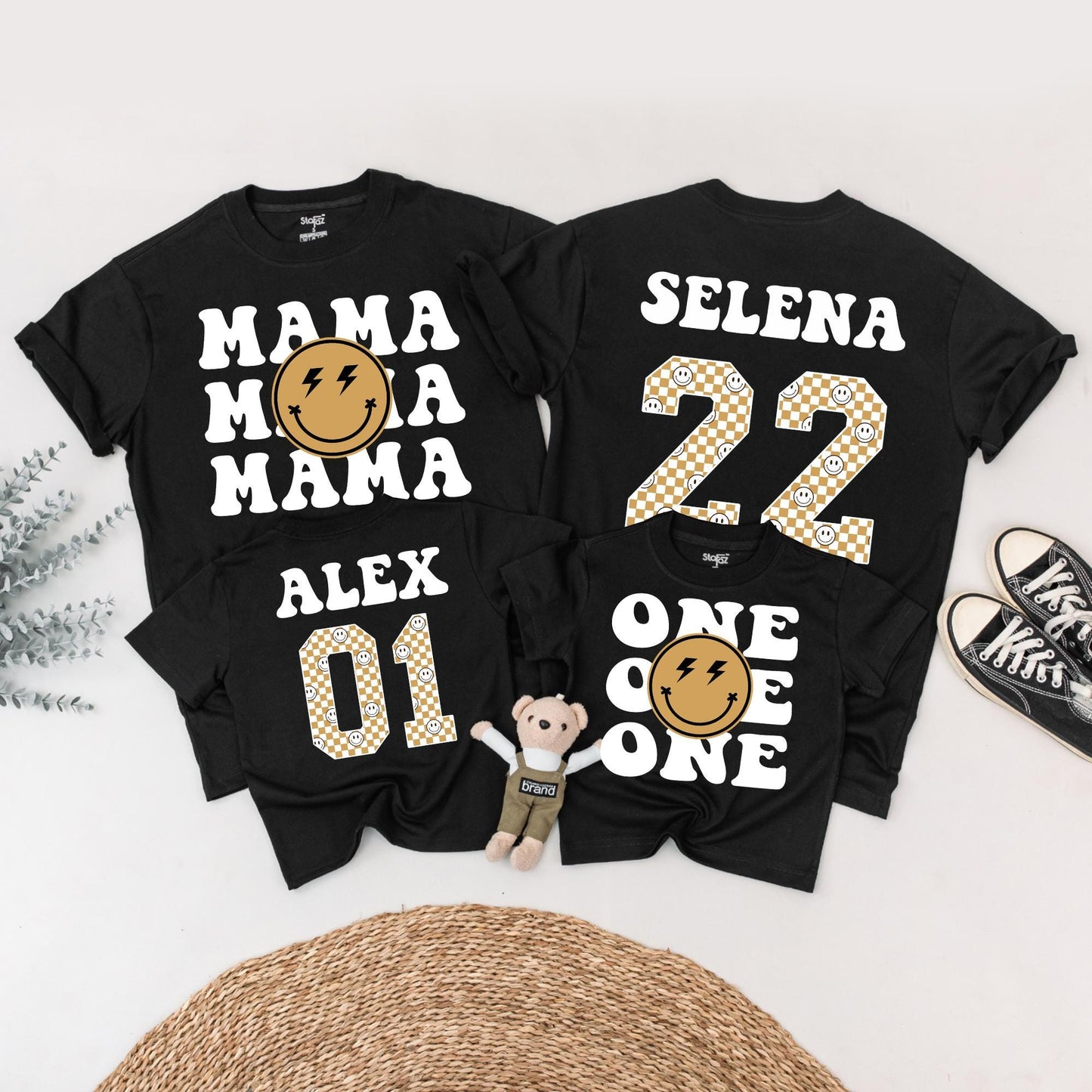 Matching One Happy Dude 1st Birthday Family Shirt Set: Retro Smiley Face Design with Black Fonts, Gold Checkerboard Numbers & Lightning Bolt Eyes (138 chars)