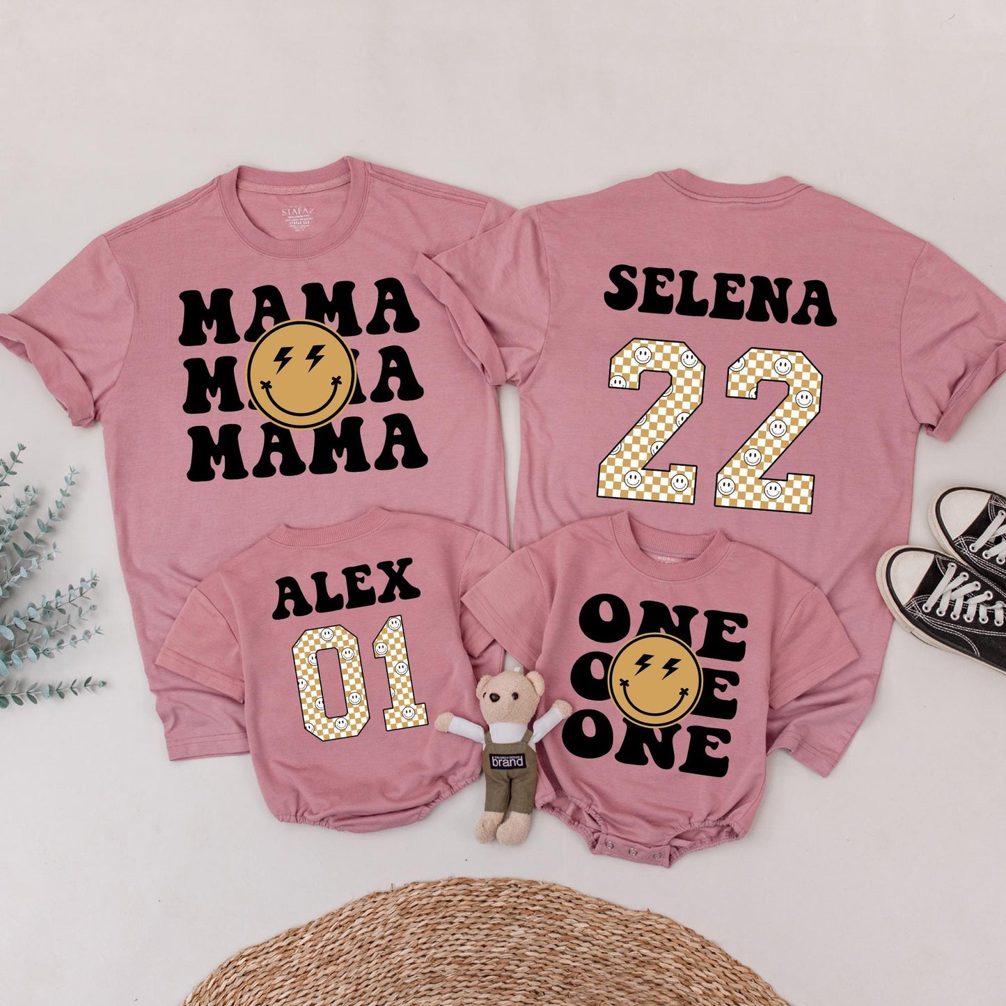 Matching One Happy Dude 1st Birthday Family Shirt Set: Retro Smiley Face Design with Black Fonts, Gold Checkerboard Numbers & Lightning Bolt Eyes (138 chars)
