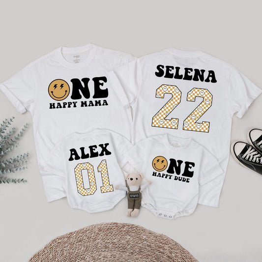 One Happy Dude Retro Birthday Shirt: Matching Family Celebration with Brown Smiley Face & Lightning Bolt Eyes, First Birthday Outfit, Playful Vintage Style