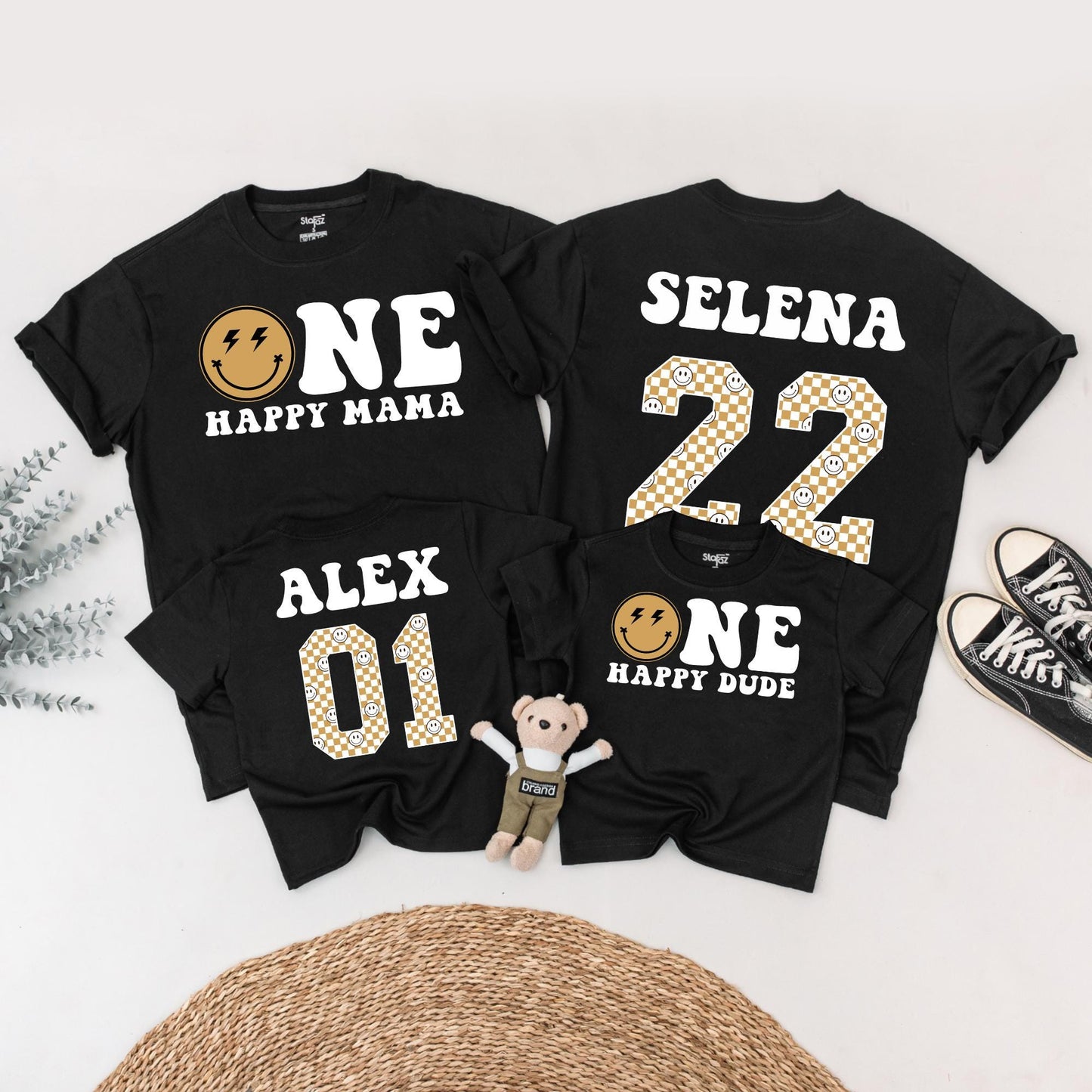 One Happy Dude Retro Birthday Shirt: Matching Family Celebration with Brown Smiley Face & Lightning Bolt Eyes, First Birthday Outfit, Playful Vintage Style
