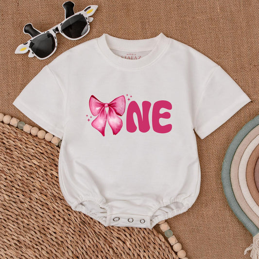 Birthday Girl Pink Bow Romper Personalized 1st Birthday Outfit Baby Girl Clothes Soft Cotton Bodysuit, Pink Bow Party Coquette Gift Newborn (139 chars)