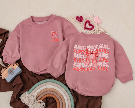Personalized Retro Bow Birthday Girl Bubble Romper Baby Girl Outfit for First Birthday Party Cute Bow Bodysuit with Name Toddler Clothes