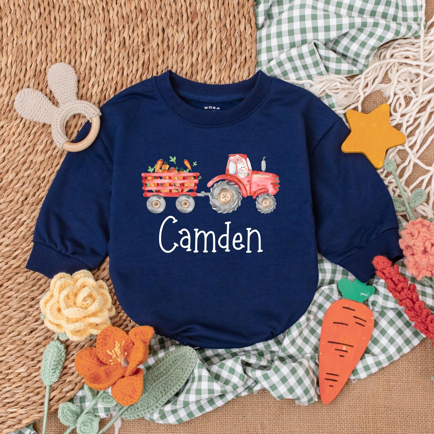 Personalized Easter Tractor Baby Boy Romper, Farmer Bunny Bodysuit Gift for First Easter Outfit, Baby Shower Present Custom Name