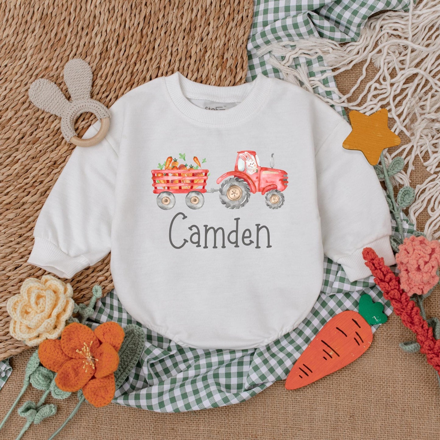 Personalized Easter Tractor Baby Boy Romper, Farmer Bunny Bodysuit Gift for First Easter Outfit, Baby Shower Present Custom Name