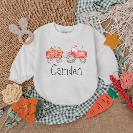 Personalized Easter Tractor Baby Boy Romper, Farmer Bunny Bodysuit Gift for First Easter Outfit, Baby Shower Present Custom Name