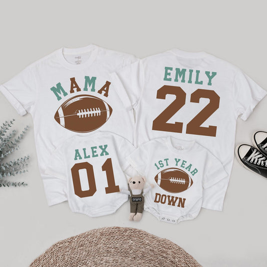 Football 1st Birthday Matching Family Shirts, Mama, Emily & Alex, Toddler 1st Year Down Tees, Baby Boy Birthday Party Outfit
