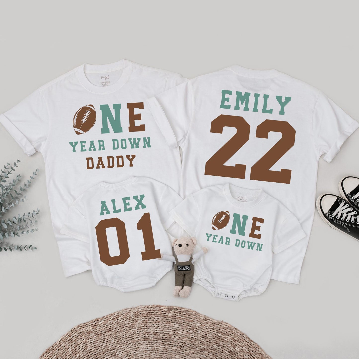 One Year Down Football Birthday Family Shirts Sea Green Brown, Alex & Emily 1st Birthday Outfit, First Touchdown Party, Daddy Son Matching Tees 01, 22