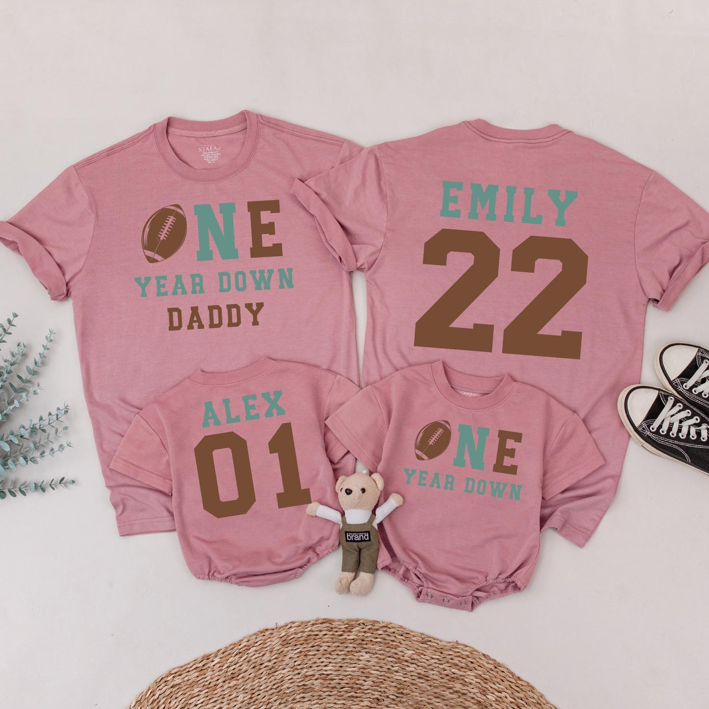 One Year Down Football Birthday Family Shirts Sea Green Brown, Alex & Emily 1st Birthday Outfit, First Touchdown Party, Daddy Son Matching Tees 01, 22