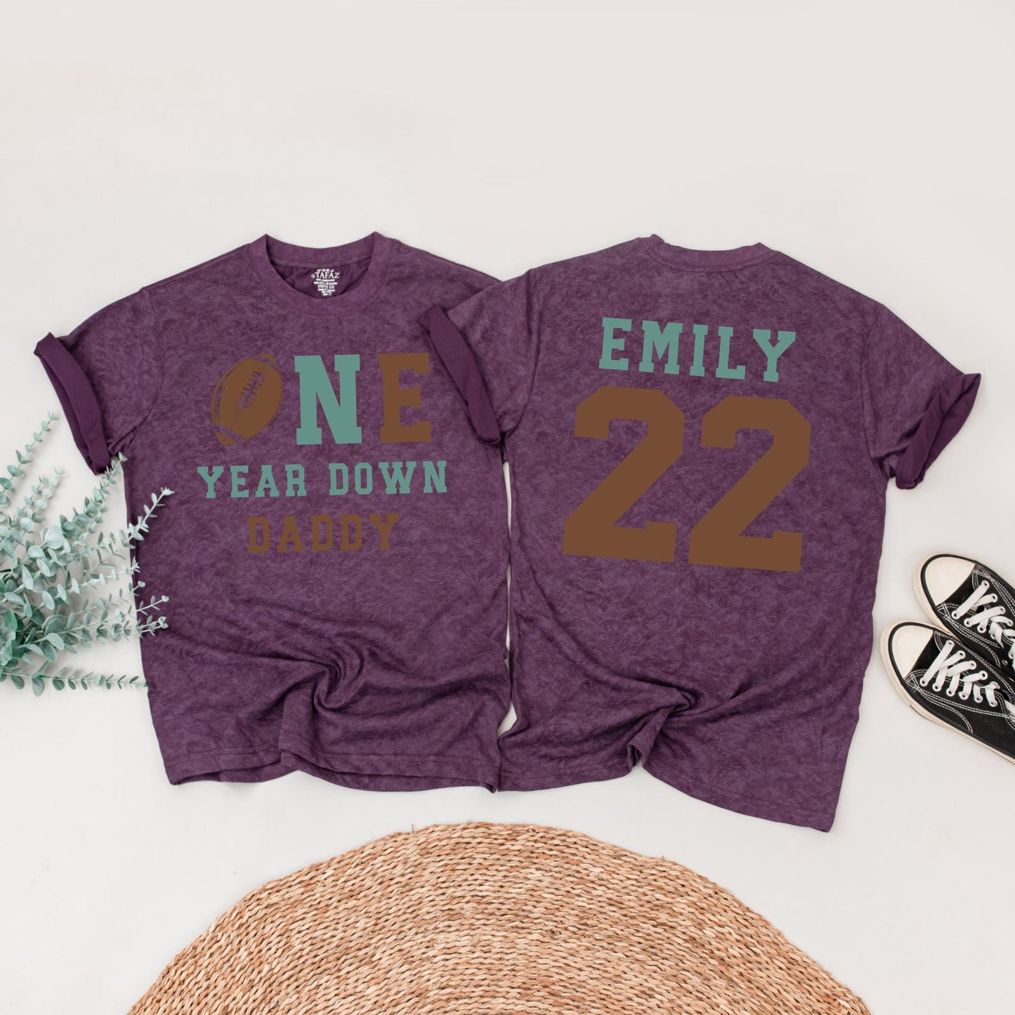 One Year Down Football Birthday Family Shirts Sea Green Brown, Alex & Emily 1st Birthday Outfit, First Touchdown Party, Daddy Son Matching Tees 01, 22
