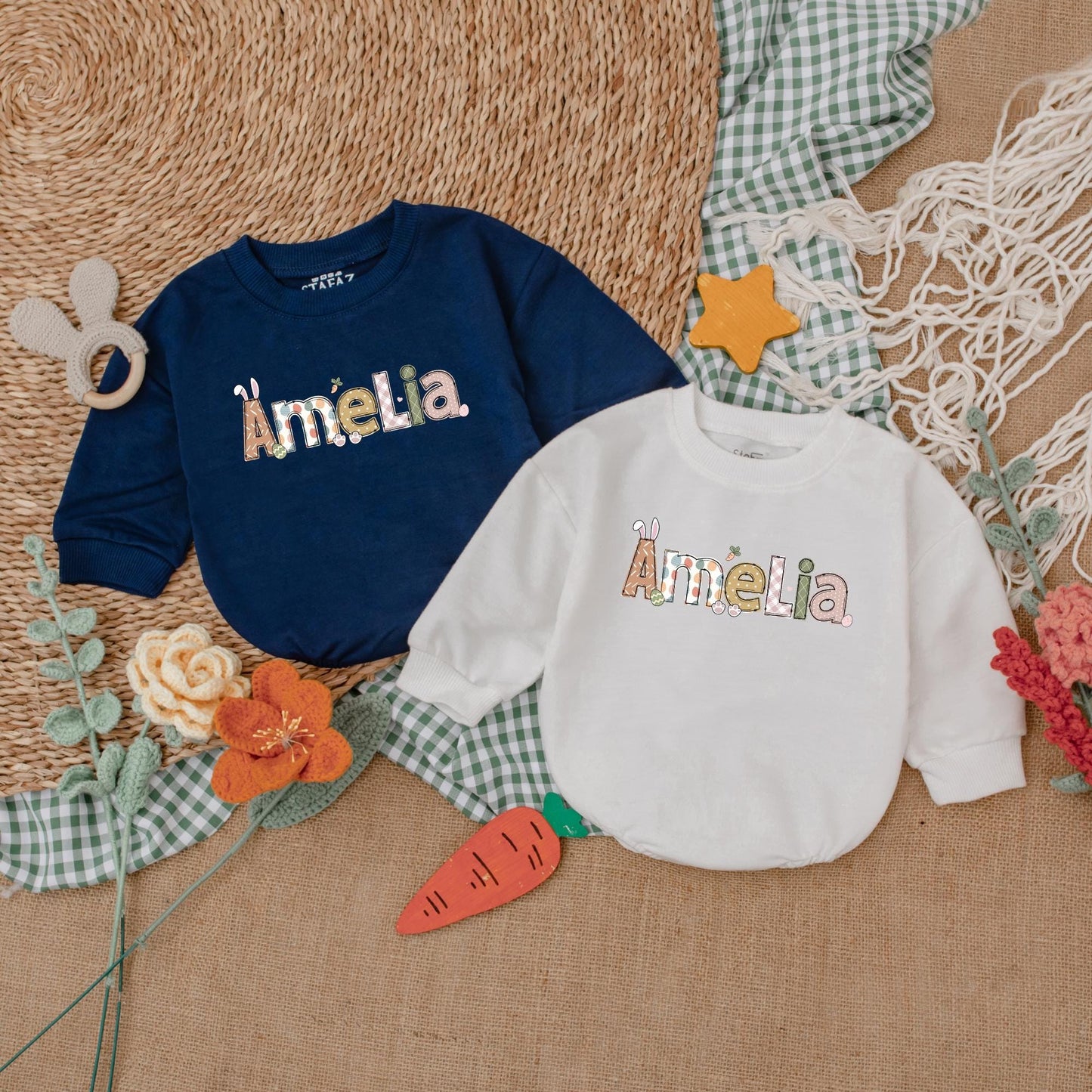 Personalized Easter Bunny Romper Baby Gift, Retro Easter Day Bodysuit, First Easter Outfit, Custom Name Bubble Romper, Baby Shower Gift (139 chars)