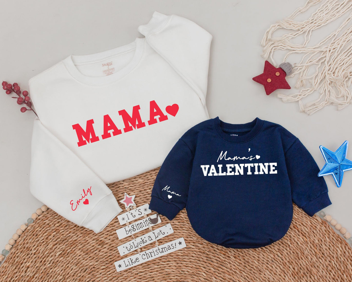 Personalized Mama & Mamas Valentine's Sweatshirt Set: Matching Mom & Baby Family Outfit, Custom Gifts for Her & Baby, Valentine's Day