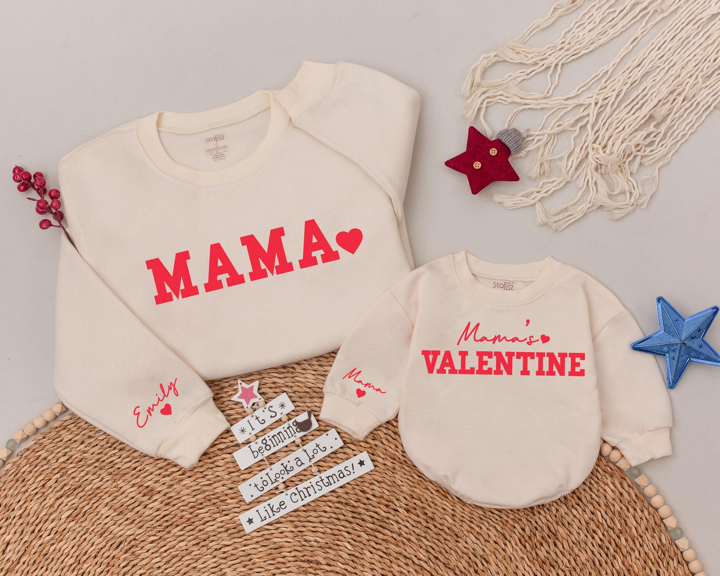 Personalized Mama & Mamas Valentine's Sweatshirt Set: Matching Mom & Baby Family Outfit, Custom Gifts for Her & Baby, Valentine's Day