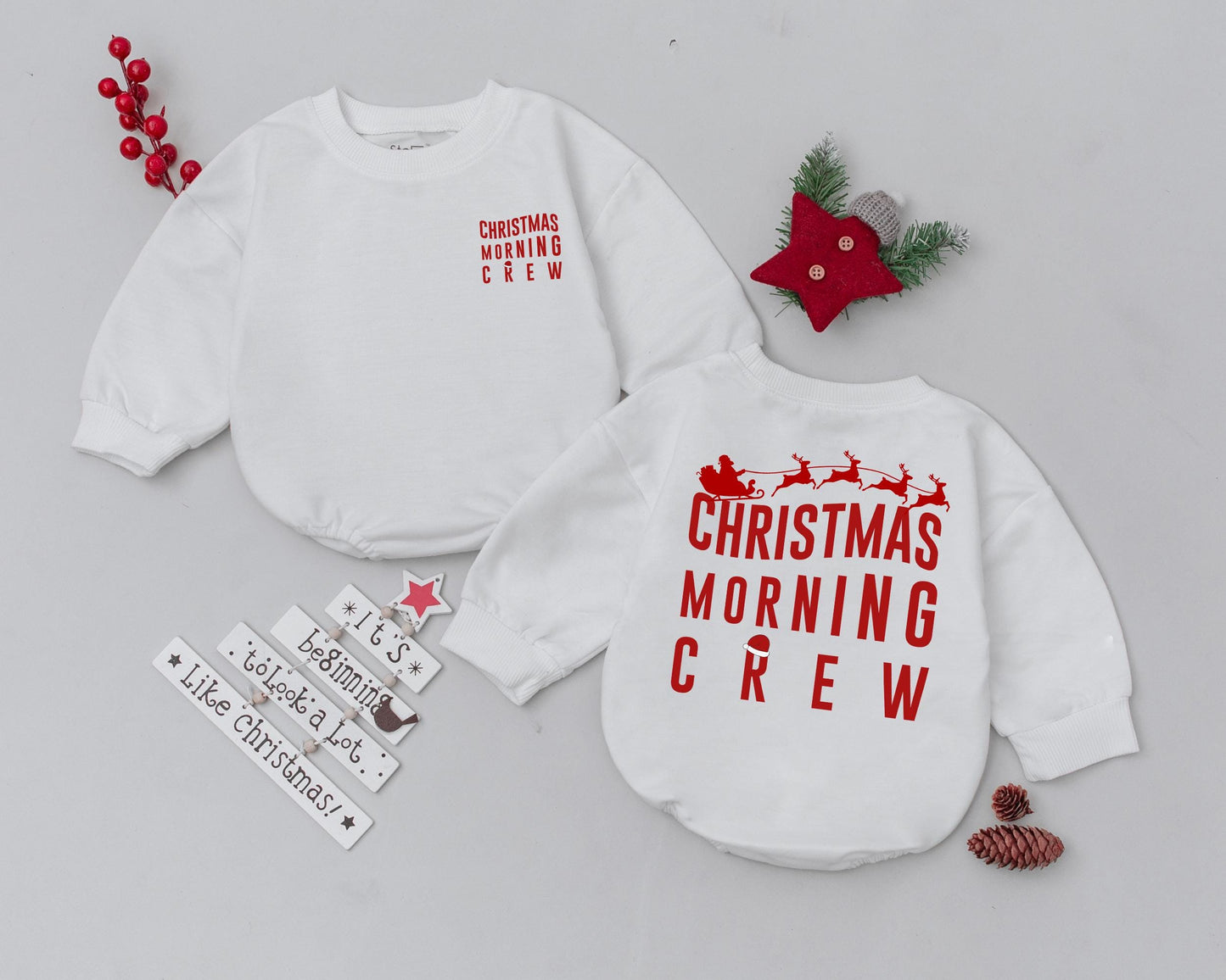 Christmas Morning Crew Matching Family Sweatshirts, Red Vintage Santa Sleigh Design, Mama, Mini & Me, Festive Holiday Outfit, Merry Christmas Sweatshirt