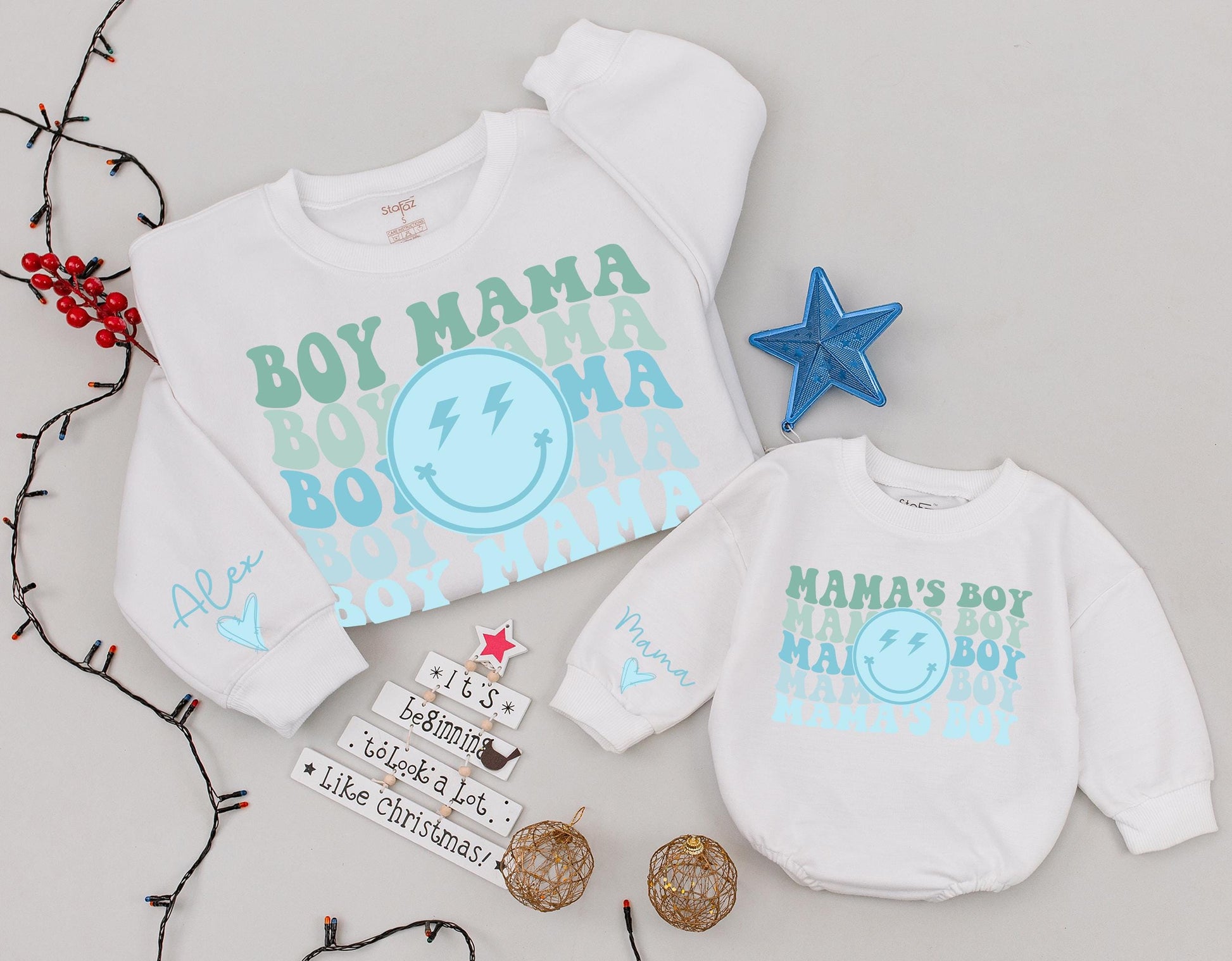 Boy Mama, Mama's Boy Matching Sweatshirts: Groovy Dad & Son Set with Smiley Face & Personalized Sleeves, Trendy Family Sweaters, New Dad Gift Idea