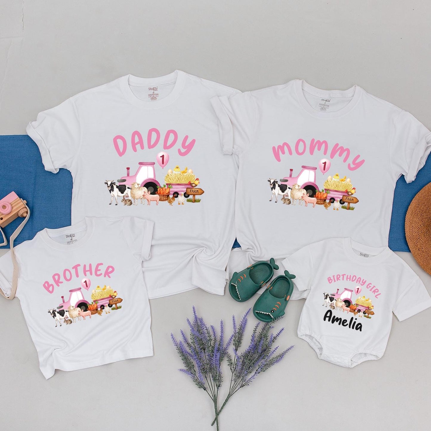 Whimsical Farm Birthday Shirt Daddy Mommy Sister Amelia's First Birthday Cute Pink Tractor Chicks Farm Animals Celebration Tee