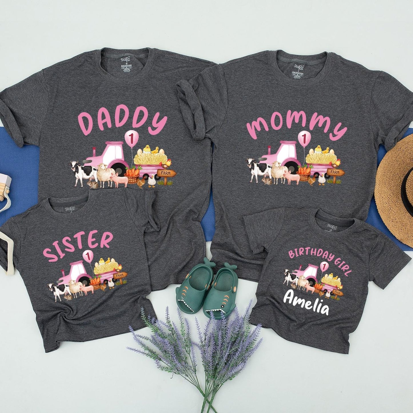 Whimsical Farm Birthday Shirt Daddy Mommy Sister Amelia's First Birthday Cute Pink Tractor Chicks Farm Animals Celebration Tee