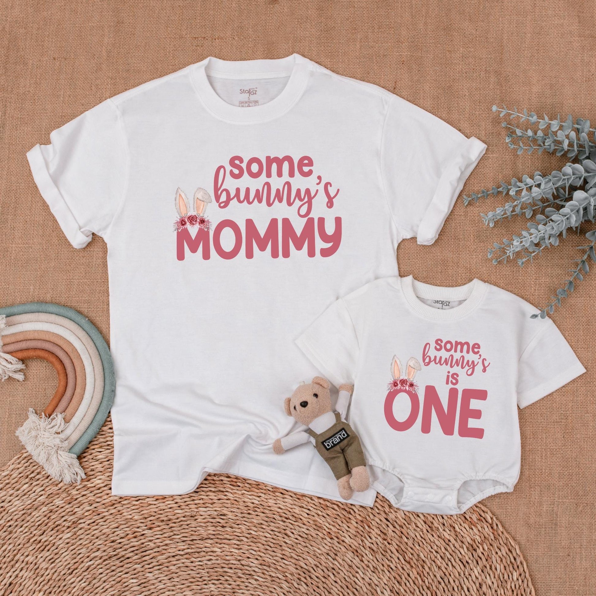 Some Bunny Is One First Birthday Matching Family Outfit Pink Floral Bunny Ears Baby Girl Romper Mommy Daddy Sister Shirts Soft Cotton Playful Design
